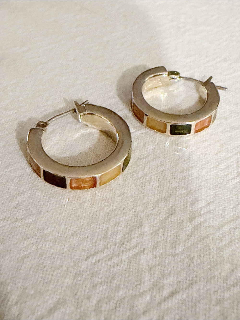 Gold Tone Tiny Hoop Earrings with Multicolor Inlay | Minimalist Huggie Hoops - Picture 2 of 8